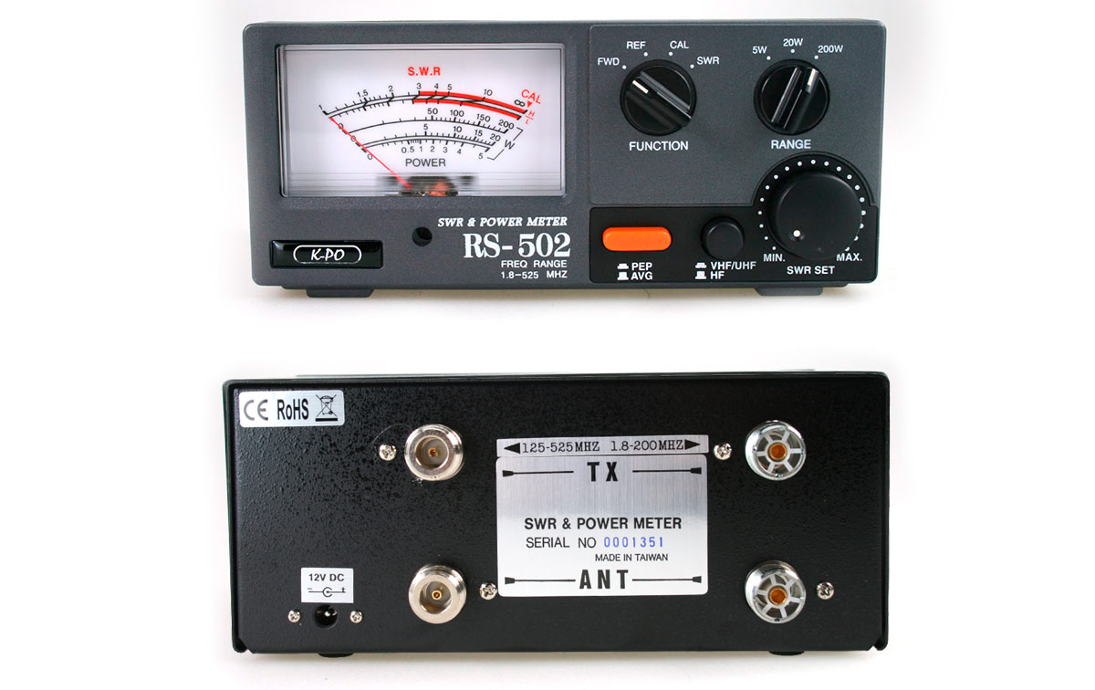 rs-502n k-po medidor estacionarias roe swr 1,8 a 525 mhz. 200 watios. conector pl259 hembra (so-239, uhf hembra) en la salida de 1,8 a 200 mhz. y conector n hembra para la medición del rango de 125 a 525 mhz. para tener la medida más fiable en frecuencias altas. 