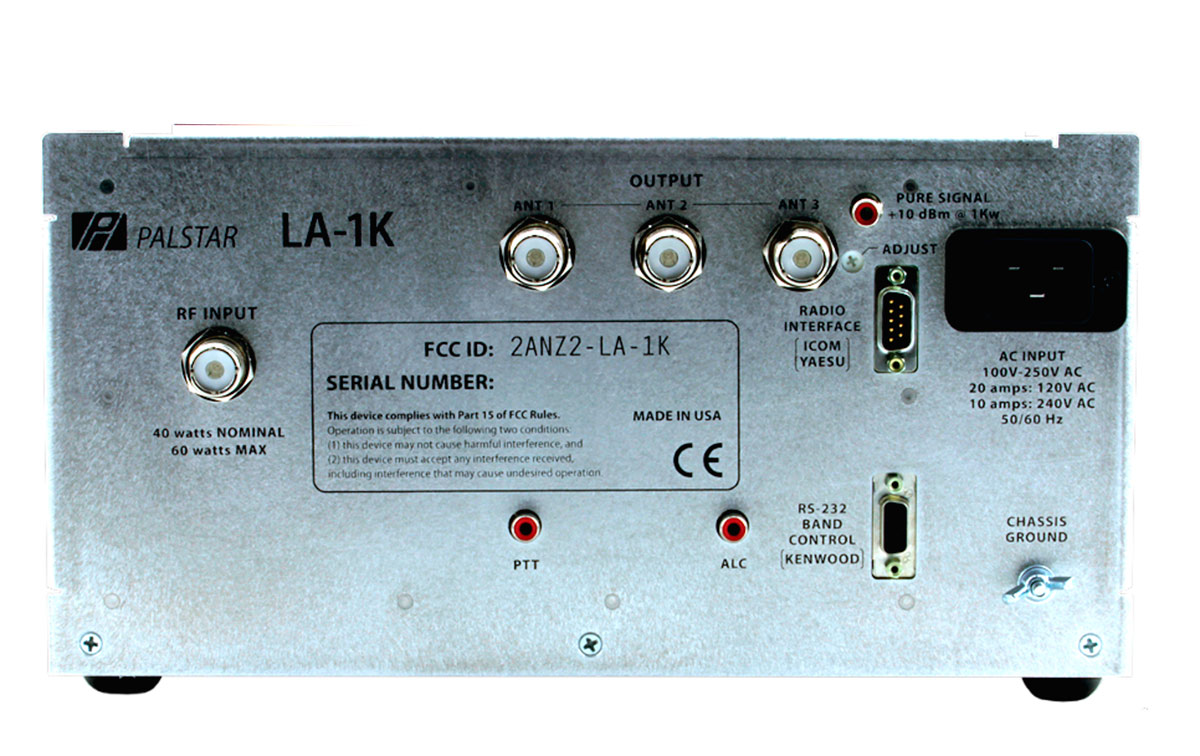 LA-1K Amplificador Palstar de HF potencia 1000 watios. El LA-1K es un amplificador de 1000 vatios de HF LDMOS detección dual de RF. Mientras que el LA-1K funcionará con una amplia variedad de sintonizadores y transceptores, Palstar esta diseñado a la medida para que el LA-1K funcione como la combinación perfecta para nuestro popular autotuner HF-AUTO.