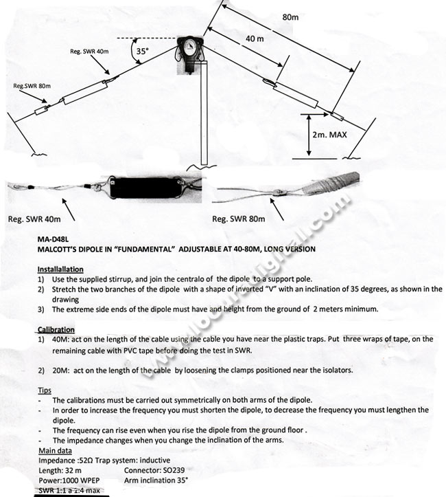 MAD48L MALCOTT'S Dipolo HF 40-80 Metros (Longitud hilo total 30 m), 1.000 W P.E.P.