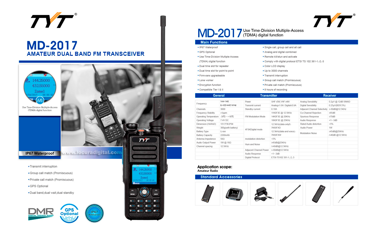 TYT-MD-2017 Walkie Talkie DMR, Doble banda 144/ 430 Mhz con protocolo digital TIER I y TIER II, ETSI TS 102 361-1,-2,-3