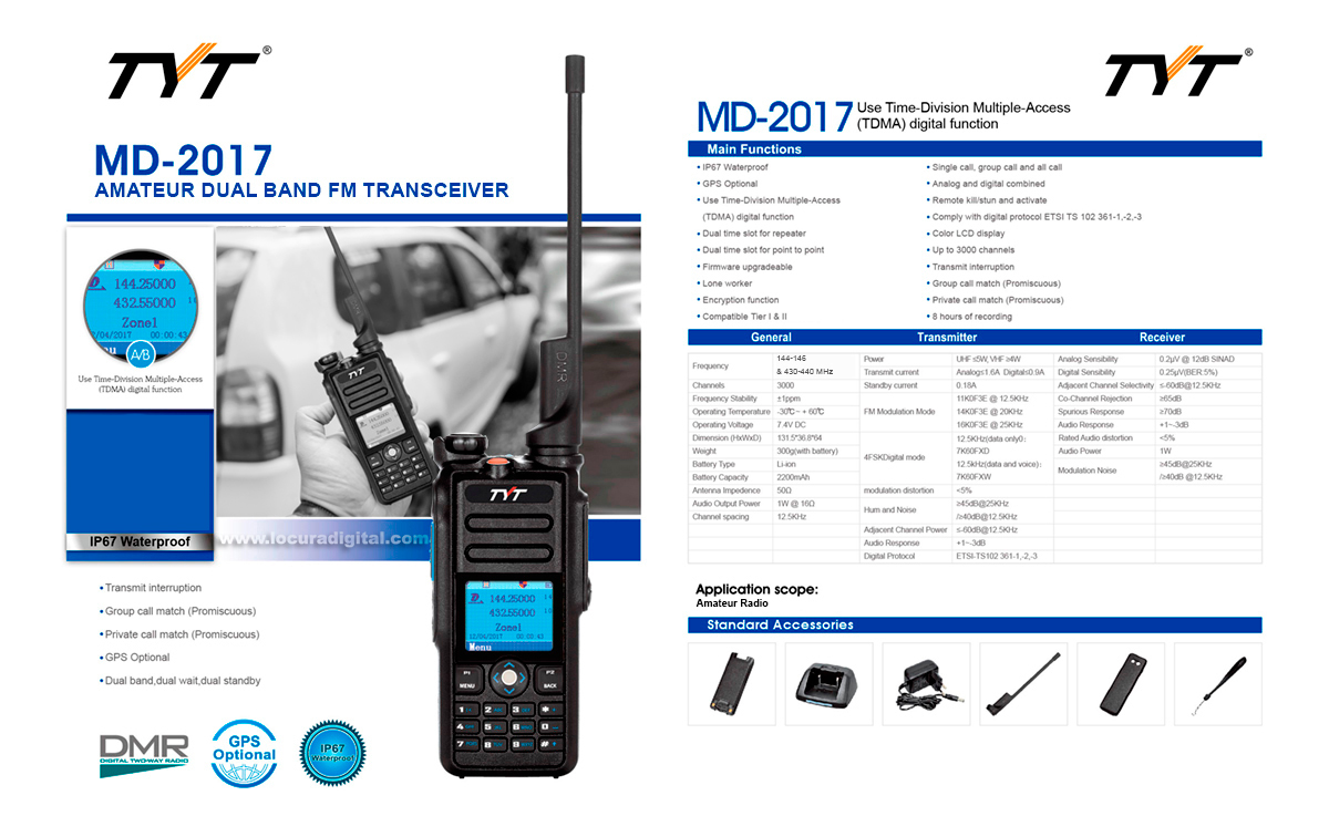 TYT MD 2017 Walkie Talkie DMR, Doble banda 144/ 430 Mhz con protocolo digital TIER I y TIER II, ETSI TS 102 361 1, 2, 3