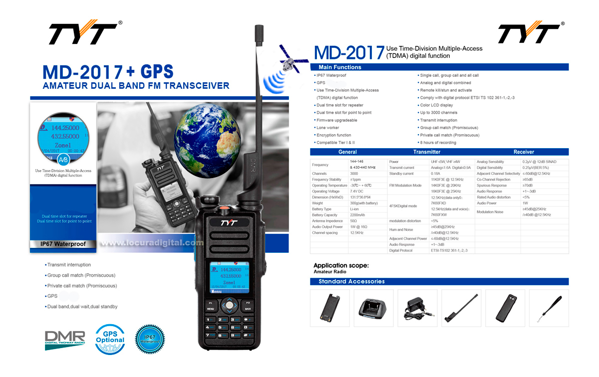 TYT MD 2017GPS Walkie Talkie DMR, Doble banda 144/ 430 Mhz   GPS, con protocolo digital TIER I y TIER II, ETSI TS 102 361 1, 2, 3