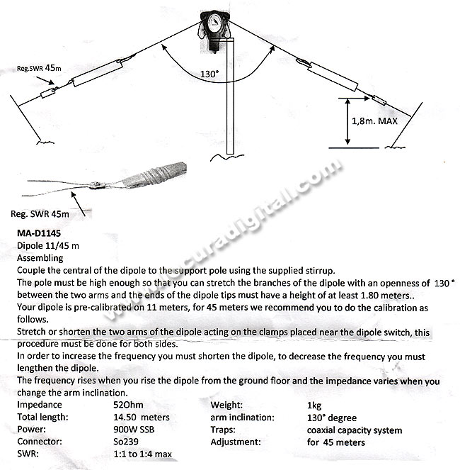 HF Dipole MAD1145'S MALCOTT 11 to 45 meters (14.50 m wire length), 900 W PEP