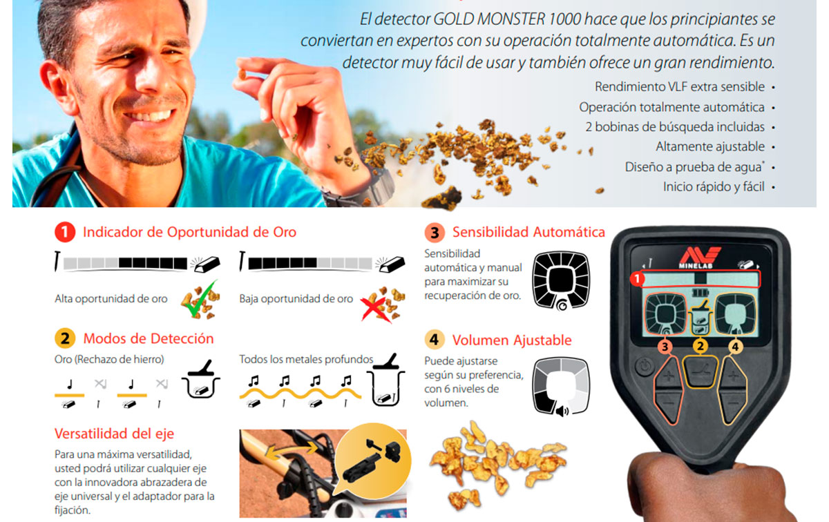 minelab gold monster 1000 detector de metales especial oro. detector de metales digital, fácil y muy profundo.