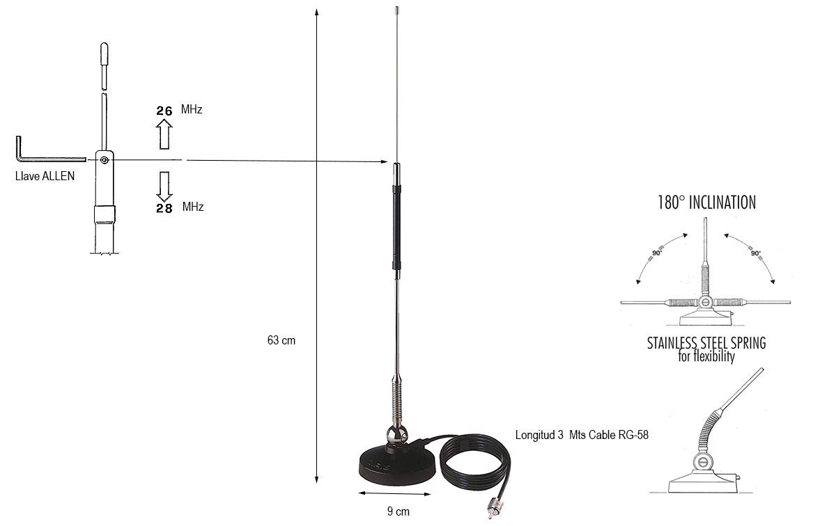 Antena de media onda con base magnetica, con muelle y iclinación 180º: Acero inoxidable. Con 3 metros de cable RG 58 conector PL