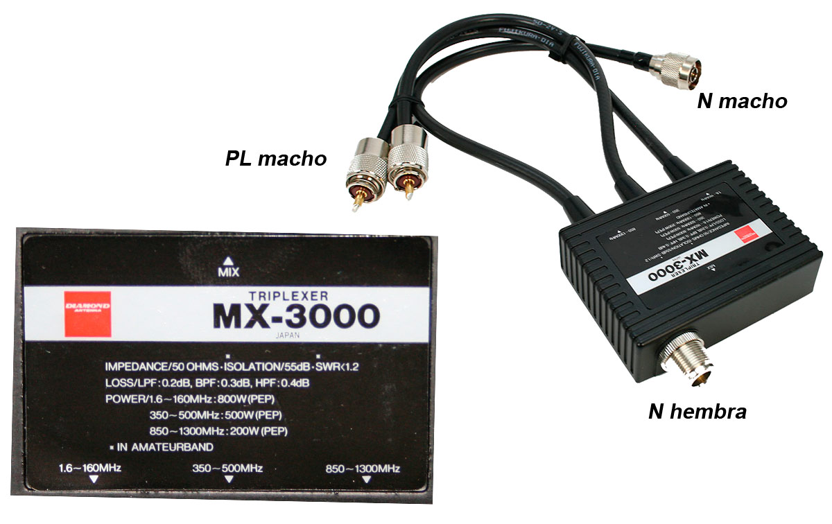 Diamond MX-3000 Triplexor HF/VHF/UHF1 PL Hembra x 2 PL Macho, frecuencias 1,6-160-350-500-850-1300 Mhz 