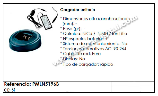 PMLN5196B Cargador unitario para serie DP3441 puede cargar baterias de NiCd, NiMH, Lion litio