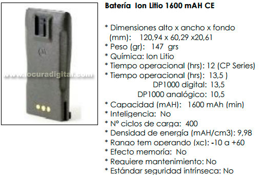 PMNN4253AR Bateria ORIGINAL MOTOROLA para walkie CP040, DP1400. Ultra-Fina en LITIO 1600 mAh