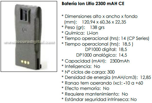 PMNN4254AR Bateria ORIGINAL MOTOROLA para walkie CP040, DP1400. Ultra-Fina en LITIO 2300 mAh
