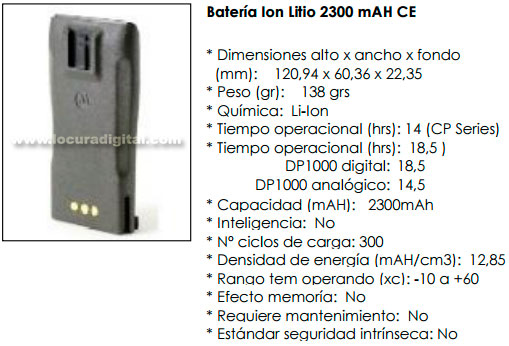 PMNN4254AR Bateria ORIGINAL MOTOROLA para walkie CP040, DP1400. Ultra Fina en LITIO 2300 mAh