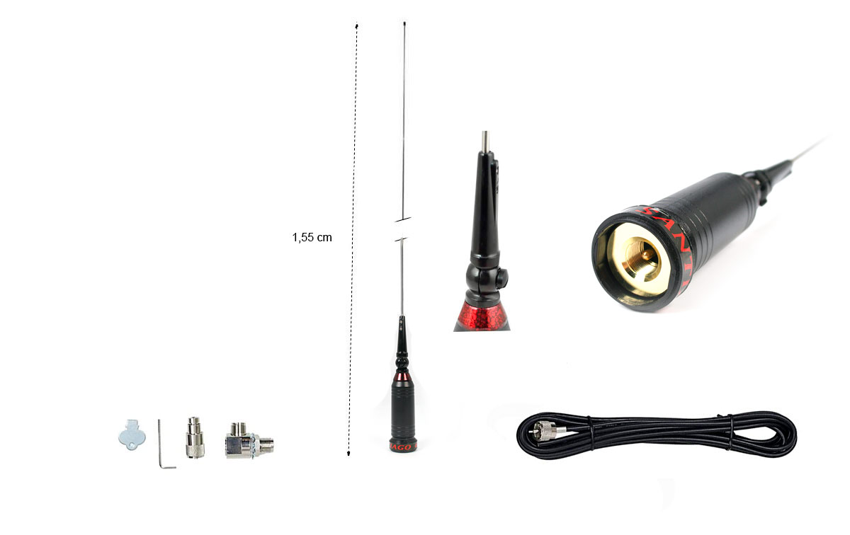 Antena completa incluye cable RG58 Longitud 4 mts y base PL hembra. Longitud 155 cm. Antenas moviles CB 27 Mhz Formato 5/8 onda Varilla conica acero-inoxidable