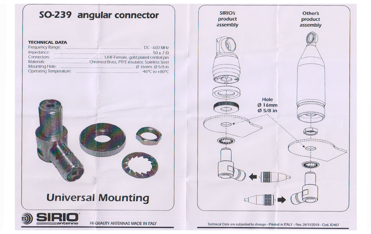 SIRIO SO-239 Conector Angular PL Hembra - PL Hembra para poner soporte.