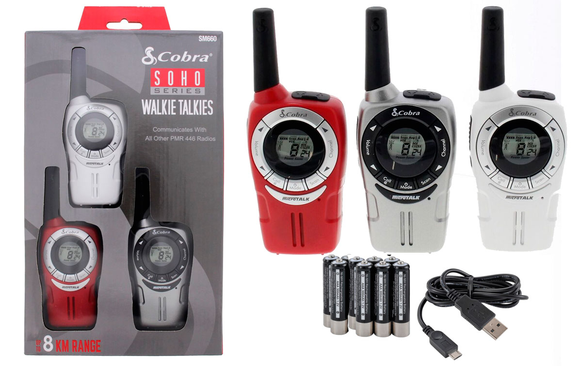 cobra sm-660 tres walkies pmr uso libre colores rojo, plata, blanco