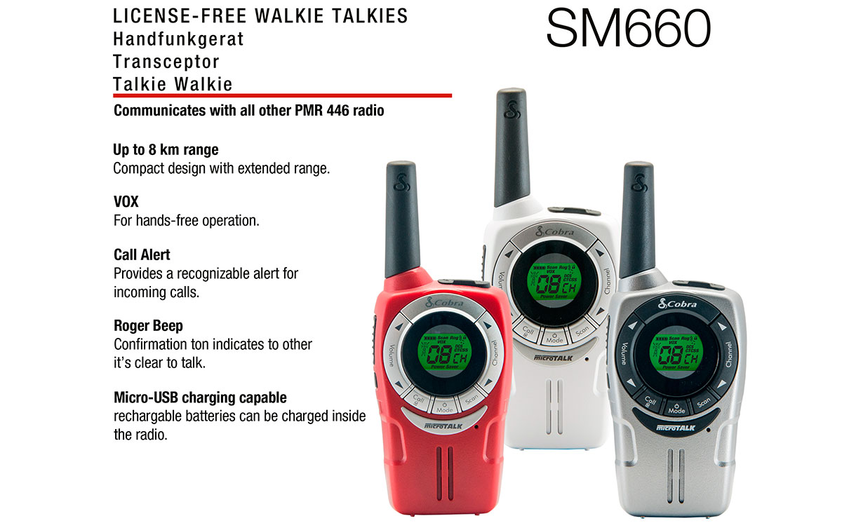 cobra sm-660 tres walkies pmr uso libre colores rojo, plata, blanco