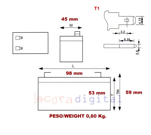 SW 1212 BATERIA DE PLOMO RECARGABLE Lafayette Power VOLTAGE 12 V. Capacidad 1,2 amperios. Terminal: T1