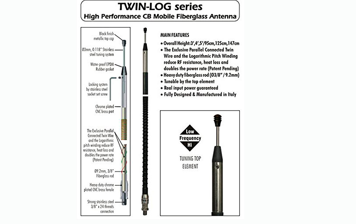 sirio twin log 3 antena de fibra cb conector 3/8 potencia 300 w diseño formato usa