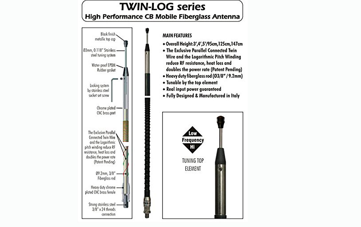 SIRIO TWIN LOG 3 Antena de fibra CB conector 3/8 potencia 300 W DISEÑO formato USA