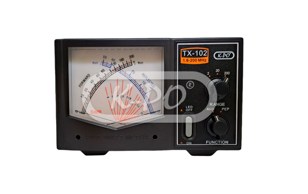 K-PO TX-102 Medidor R.O.E. SWR 1,6 a 200 Mhz. Rango de Potencia 2, 20 y 200 watios. Agujas cruzadas. Conectores PL hembra 