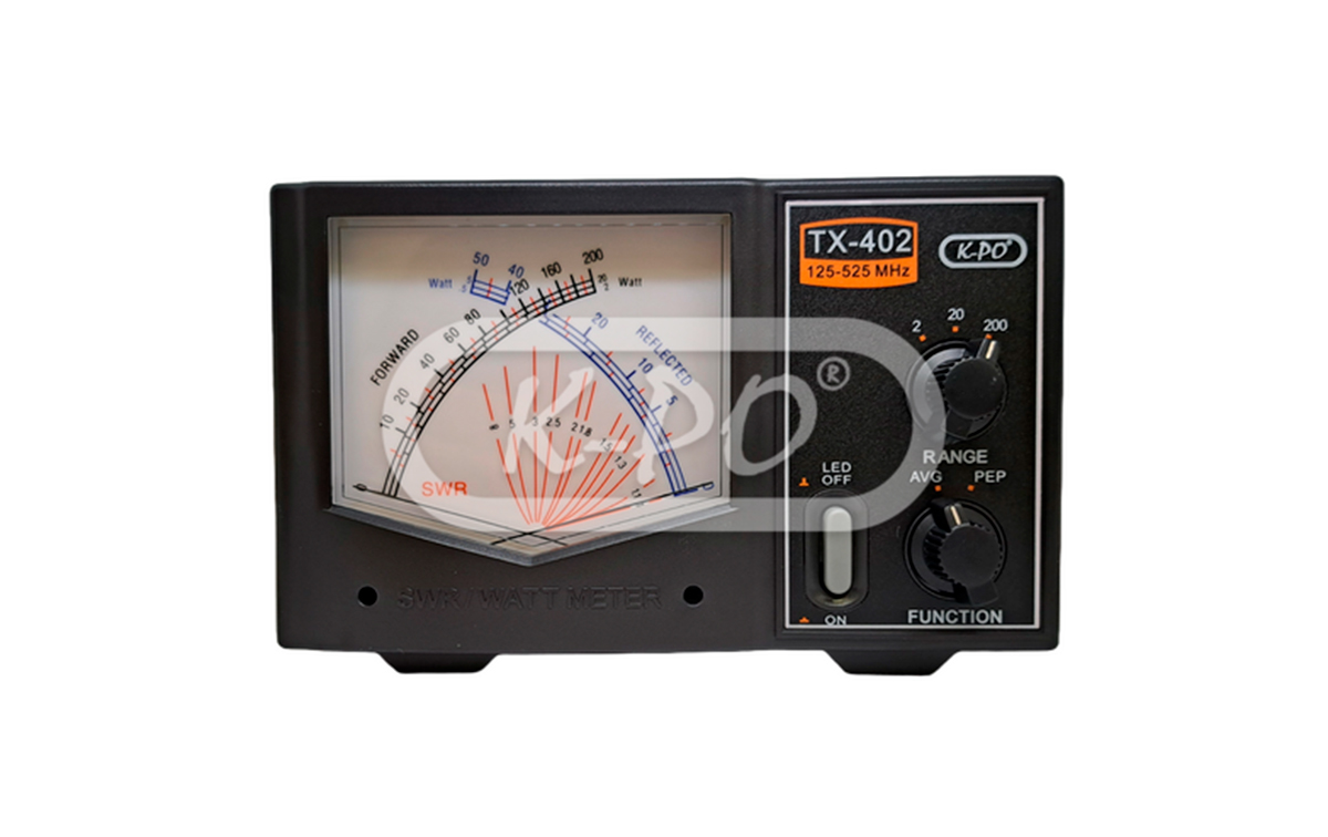 k-po tx-402 medidor roe swr y potencia 125 a 525 mhz. rango potencia 2, 20 y 200 watios. agujas cruzadas. conectores pl hembra 