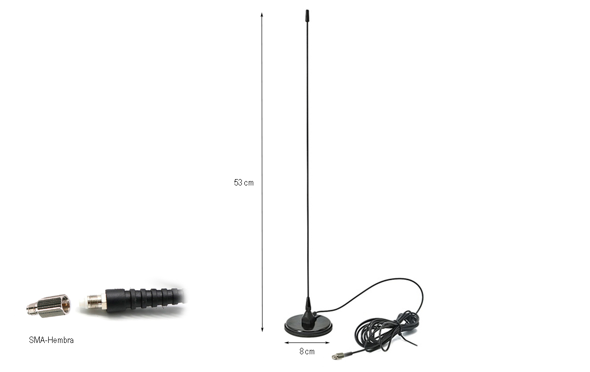 la longitud de la antena es de 53 cm, y su base magnética tiene un diámetro de 8 cm con un protector de goma para evitar daños o rasguños en la superficie de montaje. la base magnética incorpora un potente imán que permite una colocación rápida y segura sobre un chasis metálico.