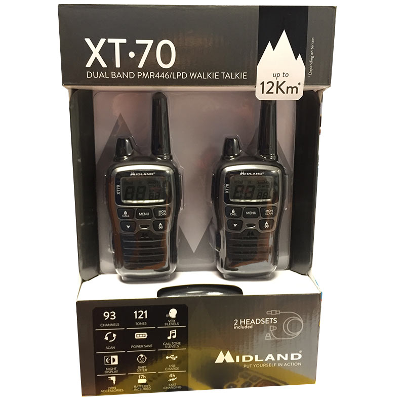 midland xt-70 pareja walkies pmr446 uso libre premium, alcance 12 km