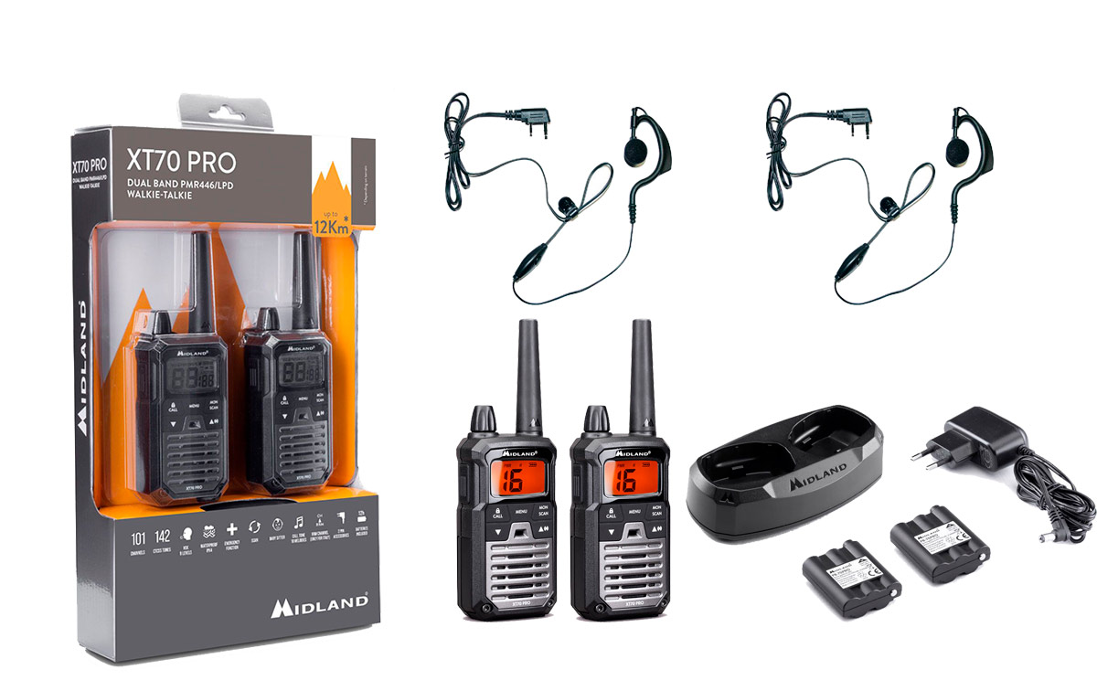 midland xt-70-pro pareja walkies pmr446 uso libre premium, alcance 12 km 