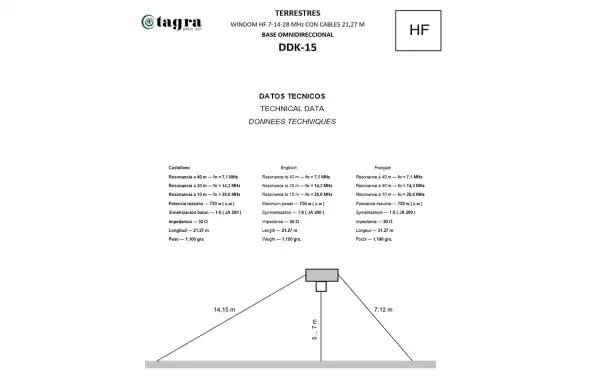 Antena dipolo tipo WINDOM DDK-15 bandas 10-20-40 metros