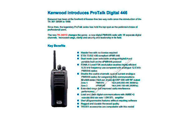 TK3401DBODY KENWOOD Walkie Analógico-Digital DMR PMR446 Uso libre.