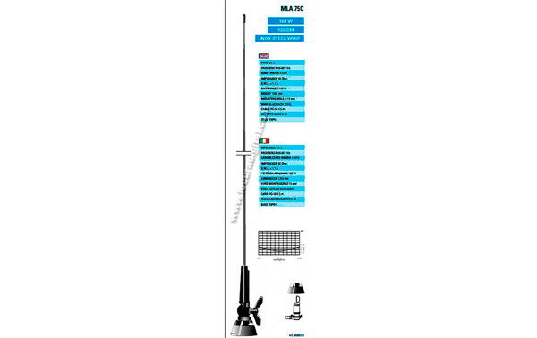 MLA75C SIRTEL Antena móvil palomilla 1/4, 66-88 Mhz.100 watios, longitud 126 cms. 