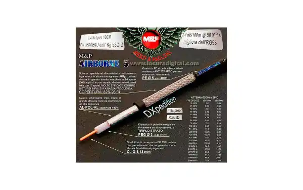 AIRBORNE-5 M&P Cable Coaxial alta calidad, baja perdida especial para expediciones DX Grosor 5 mm. vivo grosor 1,3 mm.