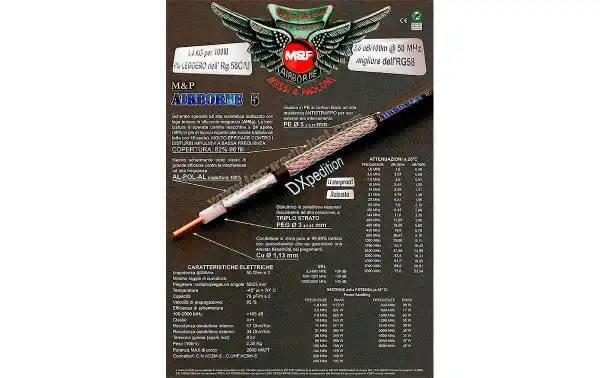 AIRBORNE-5 M&P Cable Coaxial alta calidad, baja perdida especial para expediciones DX Grosor 5 mm. vivo grosor 1,3 mm.