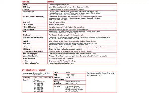  Este modelo es resistente al agua con una linterna LED incorporada y empuñaduras de goma que proporcionan una funcionalidad mejorada para mantenerse en movimiento. VibrAlert® le notifica sobre las transmisiones entrantes con 