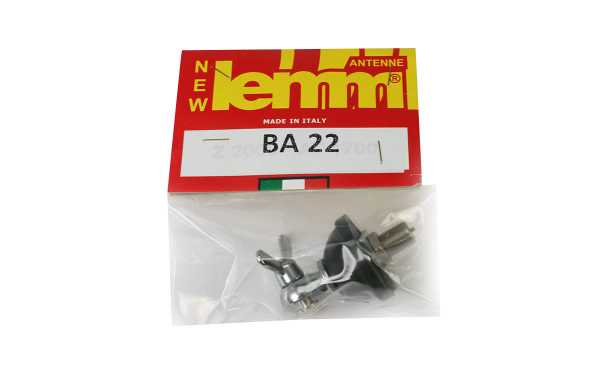 LEMM BA22 Base tipo N, formato de porca borboleta, conector angular CN, para antenas HF-CB-VHF-UHF diâmetro do furo na folha 12 mm de diâmetro da base 42 mm. Inclui porca borboleta para fixar a antena.