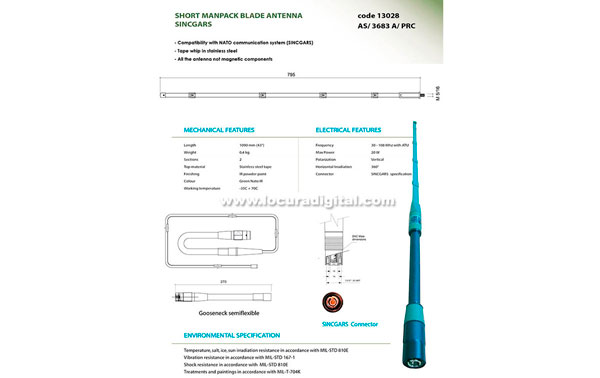 Antenna SINCGARS BANTEN-13028 Stainless Steel spade military manpack 30-108 MHz broadband. Length 1.09 mts.