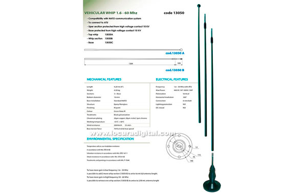 BANTEN-13050 military whip antenna glassfibre, 1.6 to 60 Mhz bandwidth. Length 4.20 mts.