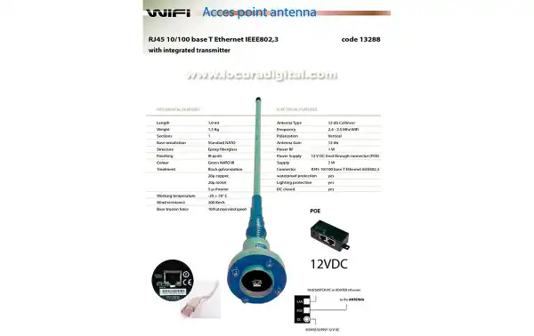BANTEN-13288 Antena militar WIFI RJ45 10-100 BASE T- Ethernet IEEE802,3 para vehiculo frecuencia 2400- 2500 Mhz. Longitud 1 mts.