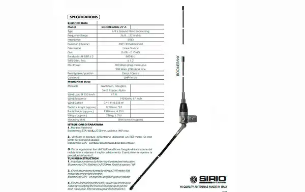 SIRIO BOOMERANG 27A. Antenne de balcon en aluminium CB 27 Mhz. 2,75 mètres