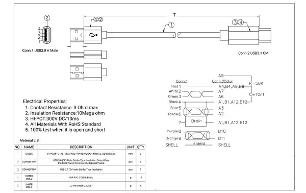 CON-0693 Cable USB Macho a USB C 3.1 Longitud 1 mts. Cable de carga y transmisión de datos a alta velocidad. 