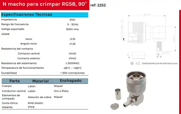 CON2252 N Male 90 degree angled connector. RG-58 Crimp TEFLON