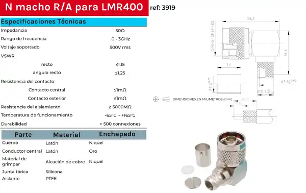 CON3919 N Male 90 Degree Elbow Crimp Connector LMR400 PTFE