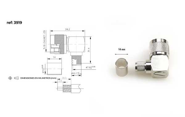 CON3919 Conector N Macho acodado 90 grados de Crimpar LMR400 PTFE