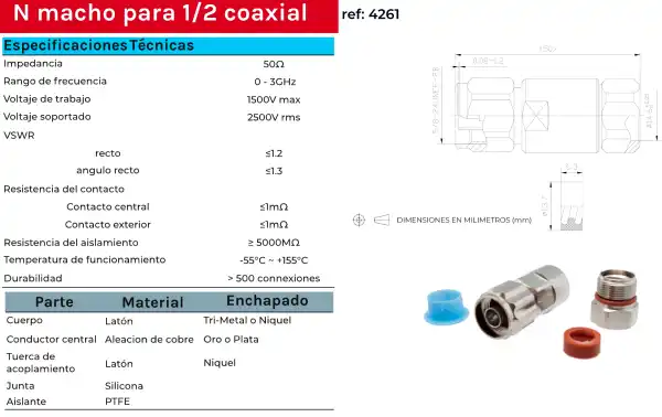 CON4261 N Connecteur Mâle pour câble Superflexible 1/2 pouce