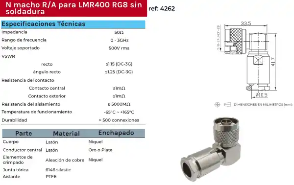 CON4262 N Macho conector angular de 90 graus para soldar LMR400 PTFE