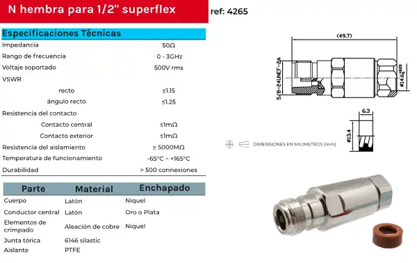 Connecteur femelle CON4265 N pour câble Superflexible 1/2 pouce