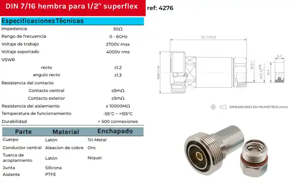 CON4276 Conector DIN 7/16 hembra clamp para 1/2 pulgada cable flexible