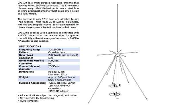 A antena base AOR DA-1500 é um discone projetado para recepção de sinais em uma ampla faixa de frequências, de 70 MHz a 1500 MHz. Esta antena é especialmente útil para scanners e receptores que desejam capturar uma variedade de frequências, como aqueles u