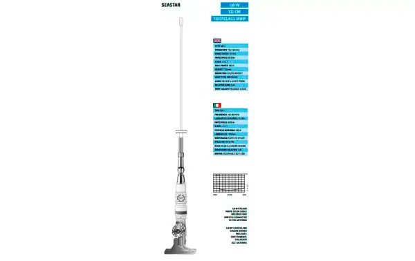SEASTAR SIRTEL Antena Nautica Fibra, VHF 156-166 Mhz.,100 W Long.132 cms. 