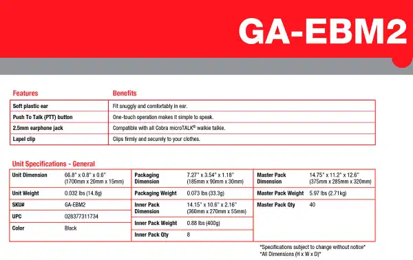 Altifalante COBRA GA-BM2 com sistema PTT de botão de pressão