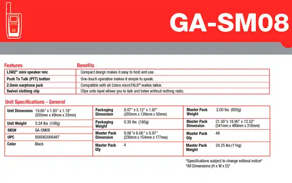 Micro haut-parleur COBRA GA-SM08 avec système PTT