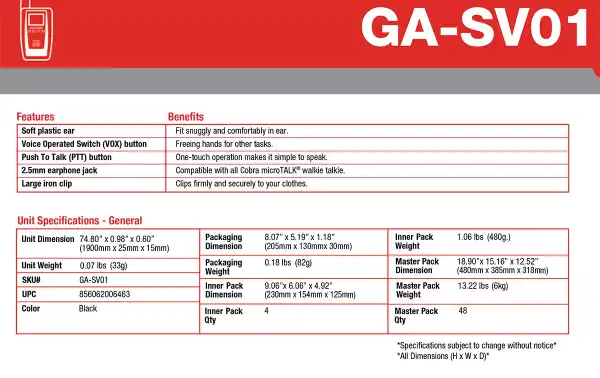 COBRA GA-SV01 Micro-écouteur tubulaire, avec bouton (PTT)